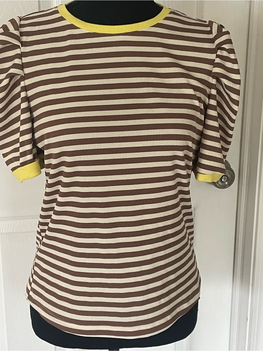 Striped Puff Sleeve Knit Top in Brown & Cream with Yellow Trim